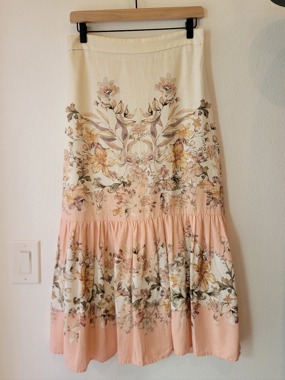 House of Harlow 1960 Floral Linen Blend Tiered Midi Skirt Cream Blush Size S